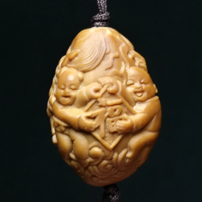 YIZHU CULTUER ART Size 2.7 × 1.9 cm China Hand-carved Olive kirin sends child Boy Statue Netsuke Pendant Gift