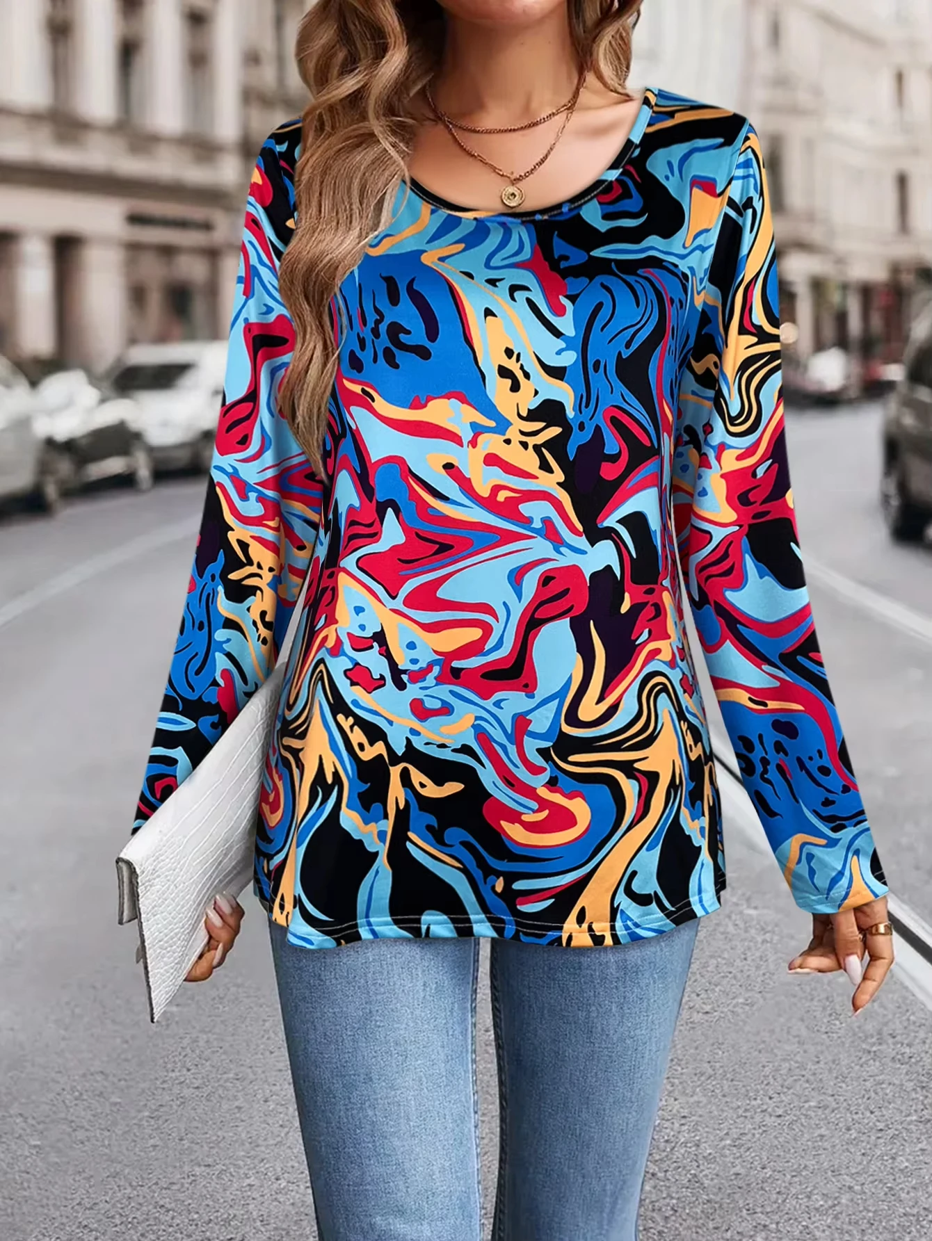 

Женская футболка с длинным рукавом с абстрактным принтом и круглым вырезом, разноцветный дизайн, женская одежда, отлично подходит для повседневных социальных случаев, топ