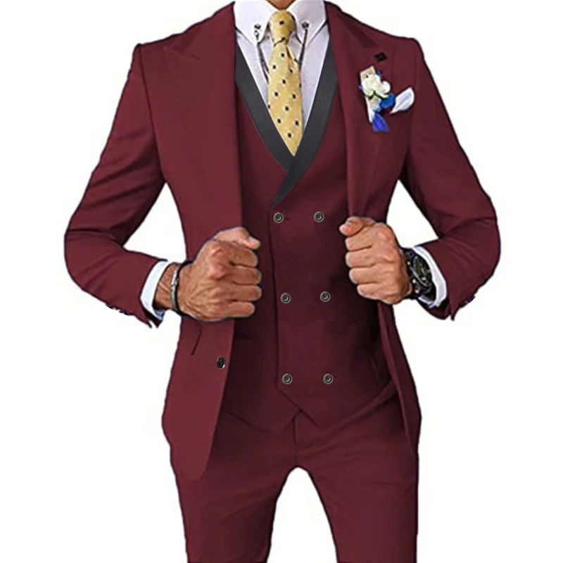 2024 Fashion Men Business Slim Double Slit Stretch Fabric Solid Color Suit 3 Piece Set / Wedding Dress Blazers Jacket Pants Vest