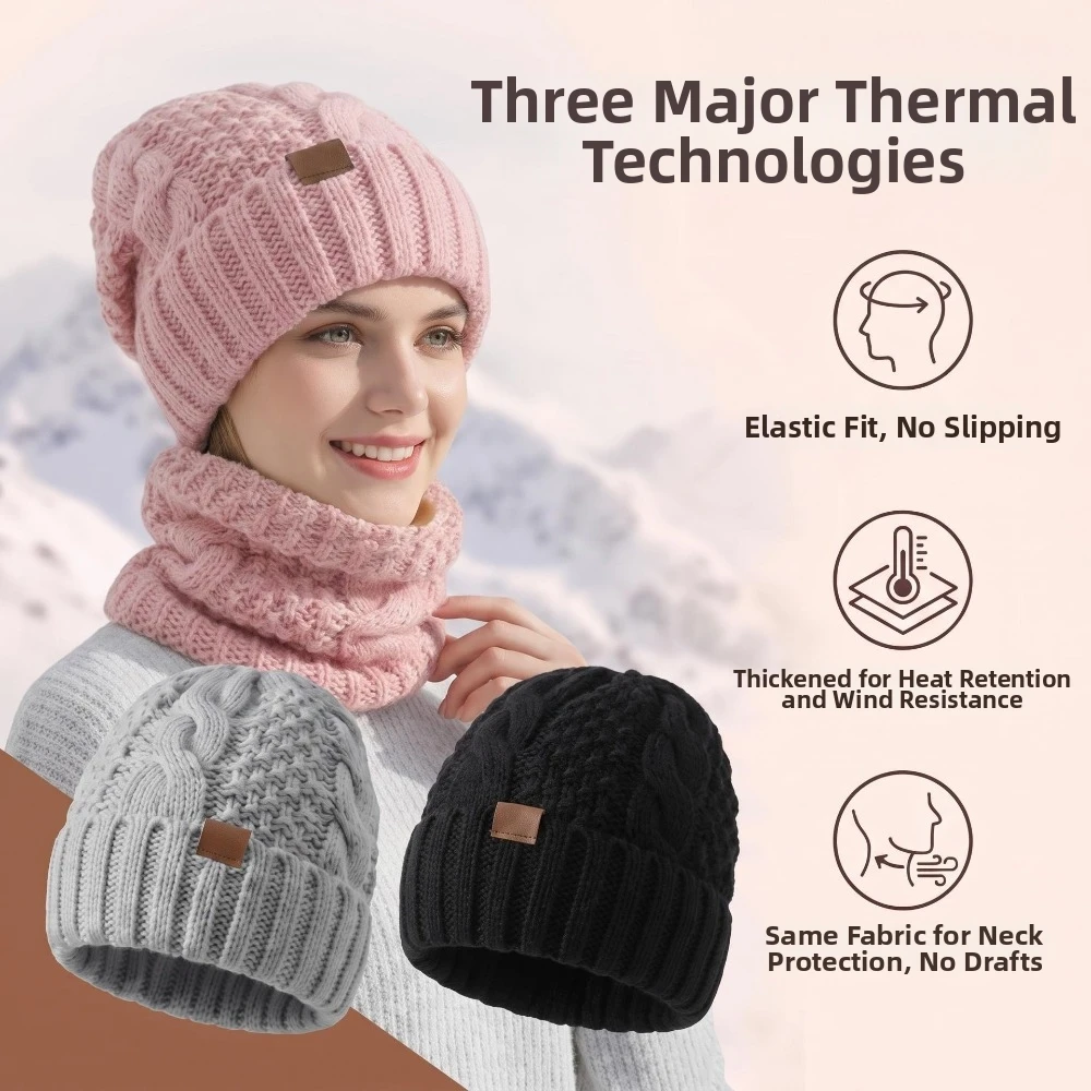 2-Piece Set Knit Hat Scarf Set Double Layer Cable Knit Winter Cap Neck Warmer Thermal Design Thick Warm Thick Warm Beanie Hat