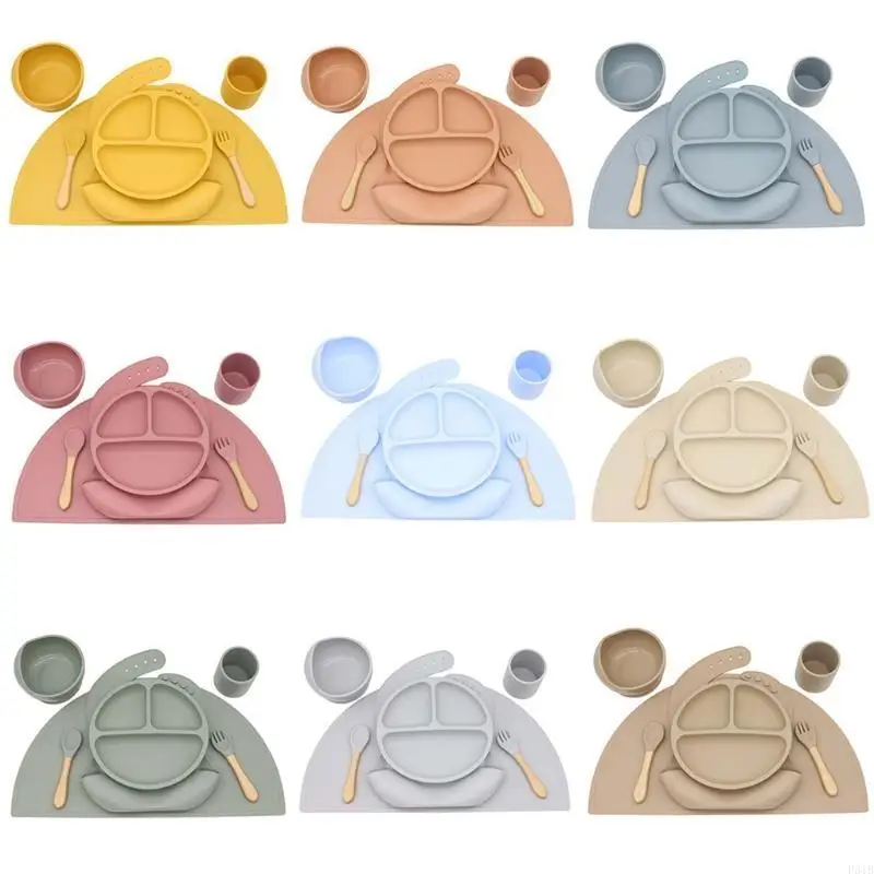 Baby Silicone Bib Divided Dinner Plate Suction Bowl Spoon Fork Water Cup Placemat Set Training Feeding Utensil Dish P31B