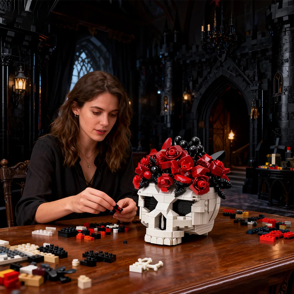 MOC Skull Roses Bouquet Bricks Model Gothic Crow Skull Flowers Plant Pot Decorate Building Blocks Assembly Toys Kids DIY Gifts