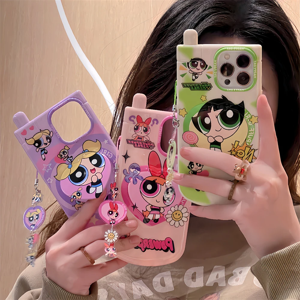 Cute Cartoon Powerpuffs Girls with Pendant Telephone Phone Case for IPhone 15 14 13 12 11 Pro Max Plus Anti-fall Back Cover Gift