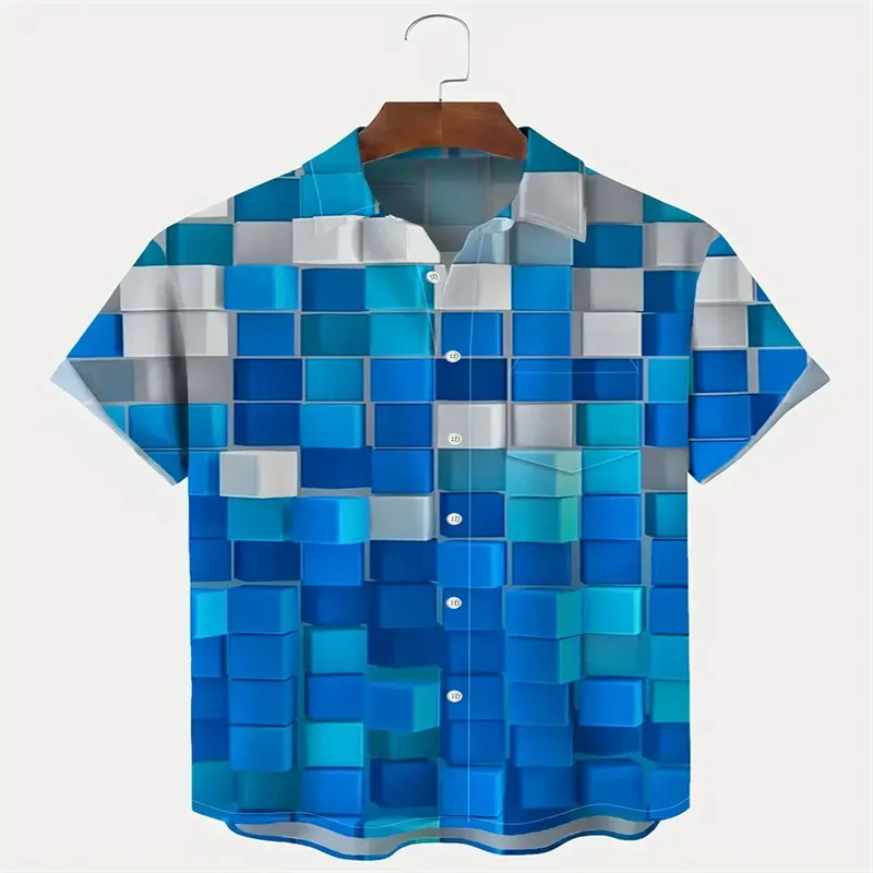 

Men's 3D checkered printed casual short sleeved shirt for men's spring, summer, and autumn tops, men's 5XL size