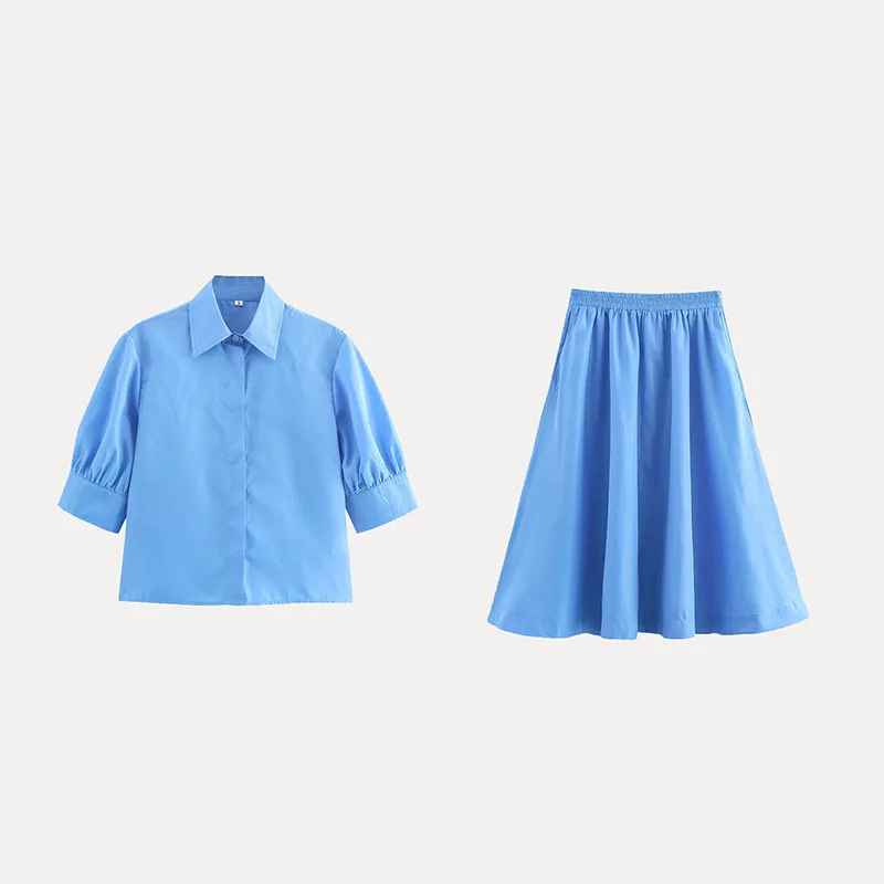 

Spring 2025 Women's Faion High Waist Midi Skirt And Collared irt Set Polyester Fiber Ensemble for Ladies Sli Outfit