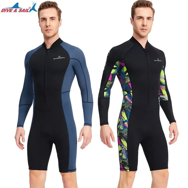 Men 1.5MM Diving Wetsuit One-piece Long-sleeve Sunscreen Wetsuit Snorkeling Surfing Warm Swimming Suit