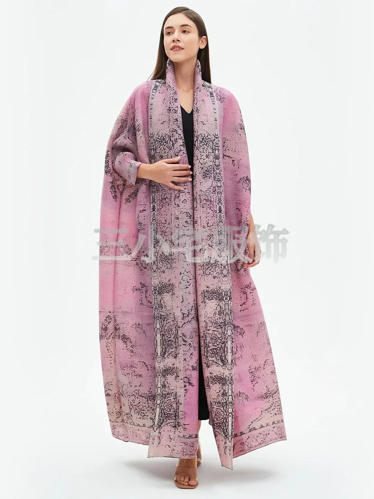 Miyake Pleated Pink Print Loose Coat Fashion High Street Batwing Sleeve Belt Long Windbreaker 2024 Autumn New Clothing