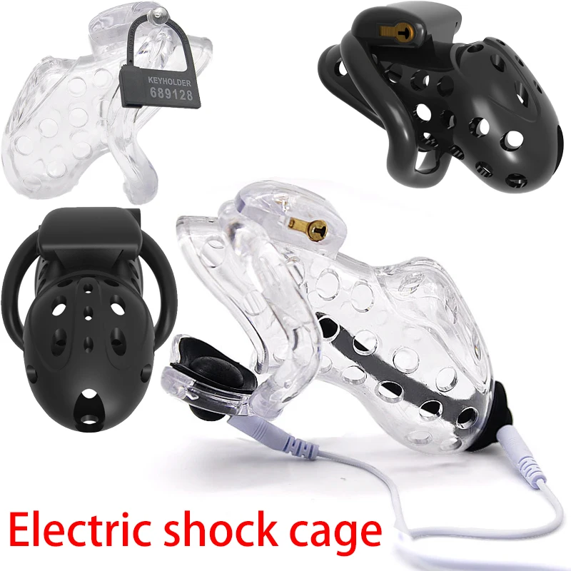 BDSM E-Stimulation Chastity Cock Cage Electric Shock Plastic Cage Penis Ring Ball Lock Electro Restraint Sex Toys for Man