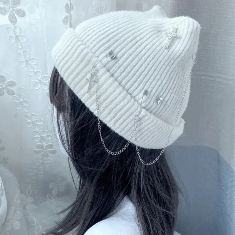 Gorro de punto gótico para mujer Y2K, gorro con orejas de gato hecho a mano, gorro de calavera de ganchillo, gorros de subcultura para adolescentes