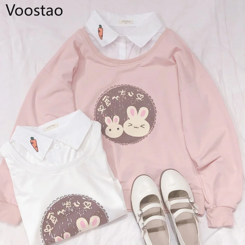 Sweet Loose Lolita Sweatshirt Spring Women Cute Fake Two Pieces Korean Cartoon Rabbit Print Hoodies Girly Autumn Pullover Tops