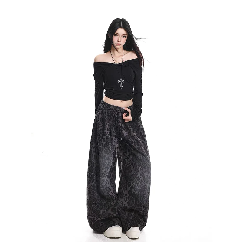 ZHIZOU الأمريكية الرجعية Y2K 2000s مطبوعة رسالة مخطط بنطال ذو قصة أرجل واسعة المرأة الربيع الهيب هوب عادية ليوبارد طباعة السراويل الرياضية