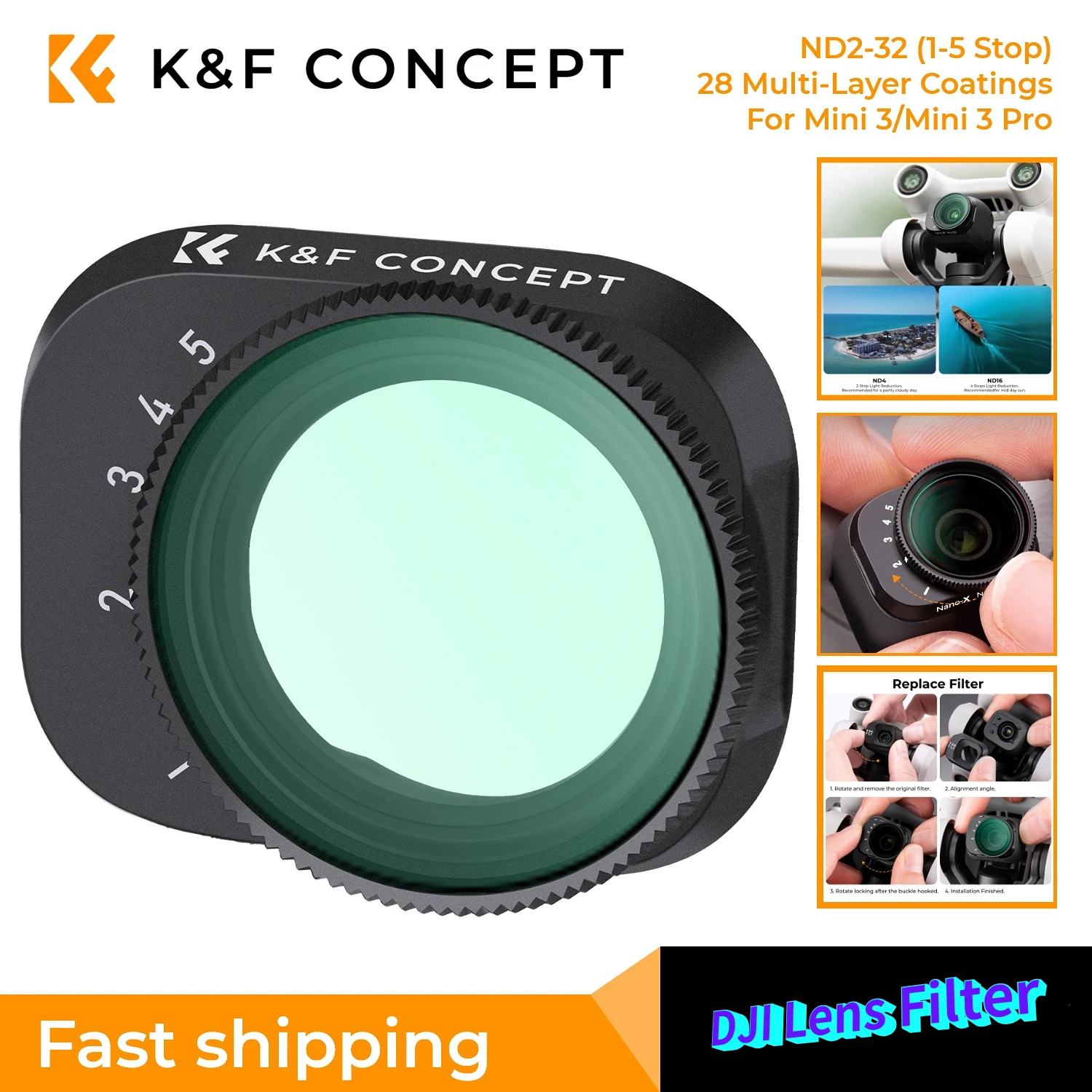 

K & F Concept Variable ND2-ND32 HD Filter для DJI Drone Mini 3 Pro с 28 многослойными противоотражающими зелеными пленками