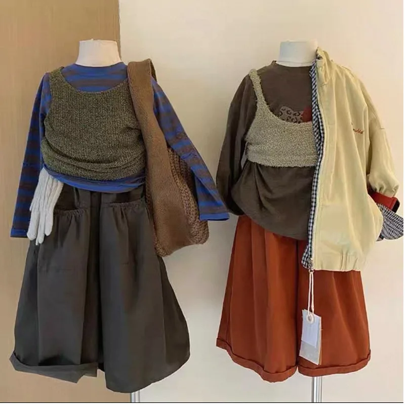 2026 Girls Autumn Striped Set Stylish Girls Sports Clothes Knitted Vest Long Sleeve Base Shirt Casual Pant Three Piece Set