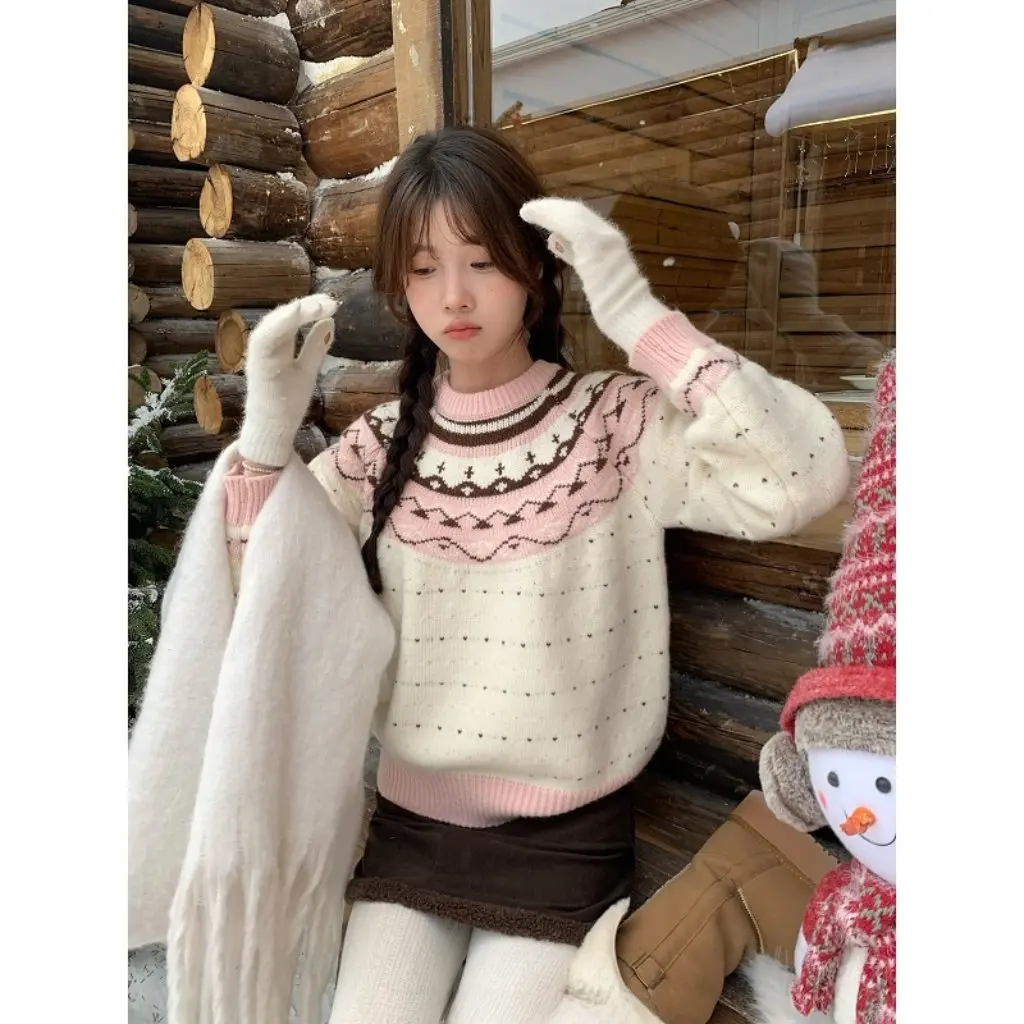 

Vintage Fair Isle Jacquard Crewneck Sweater for Women Thickened Autumn Winter Sweet Atmosphere Colored Pullover Top