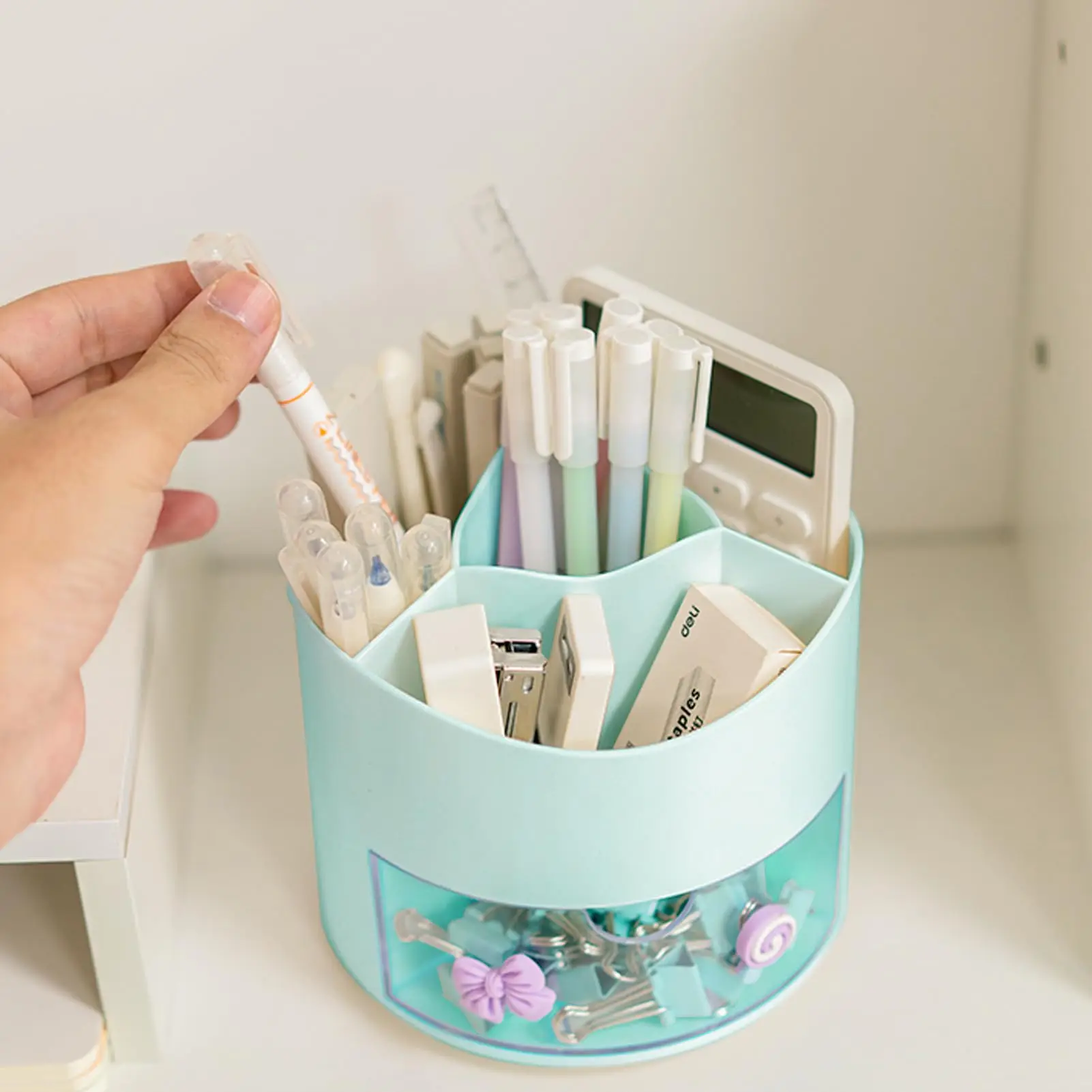 Nette Rotierenden Stift Halter Desktop Schublade Schreibwaren Box Fall Schule Büro Schreibtisch Kawaii Schreibwaren Lagerung Box Organizer Aufkleber – Detail 6