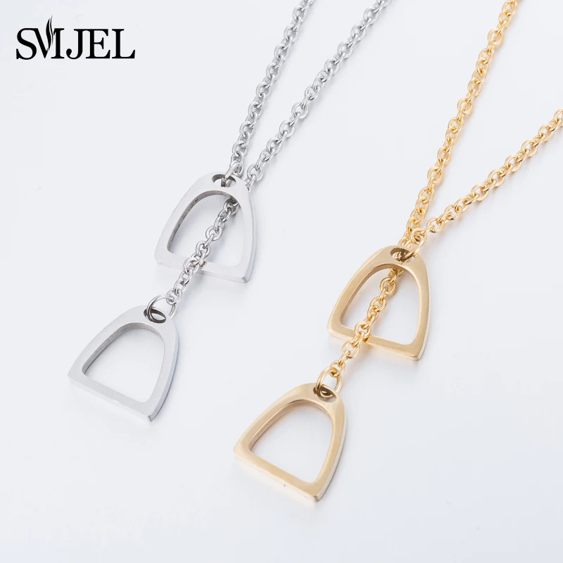 SMJEL Lucky Horseshoe Lange Kettenhalsketten aus Edelstahl mit doppeltem Pferdesteigbügel-Anhänger für Damen und Herren, Accessoires