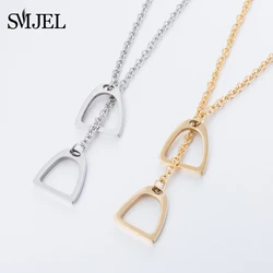SMJEL Lucky Horseshoe Long Chain Necklaces Stainless Steel Double Horse Stirrup Necklaces & Pendants for Women Men Accessories