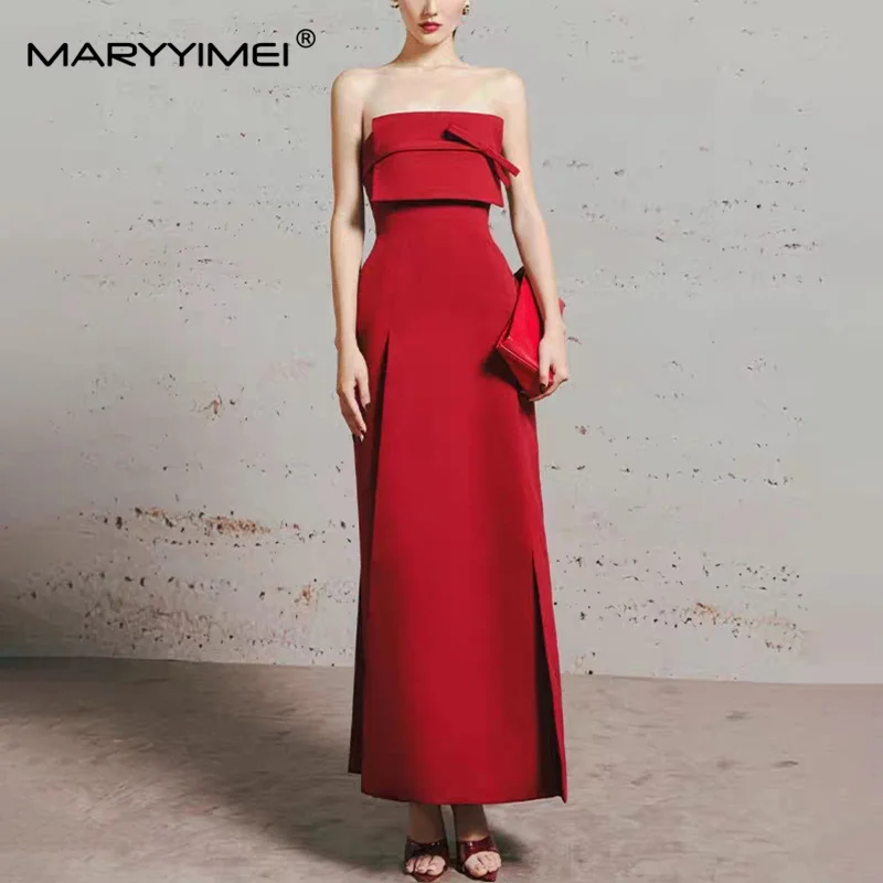 MARYYIMEI Solid color stitching bow temperament ceremonial dress tube top waist long dress 2026 summer new women's clothing