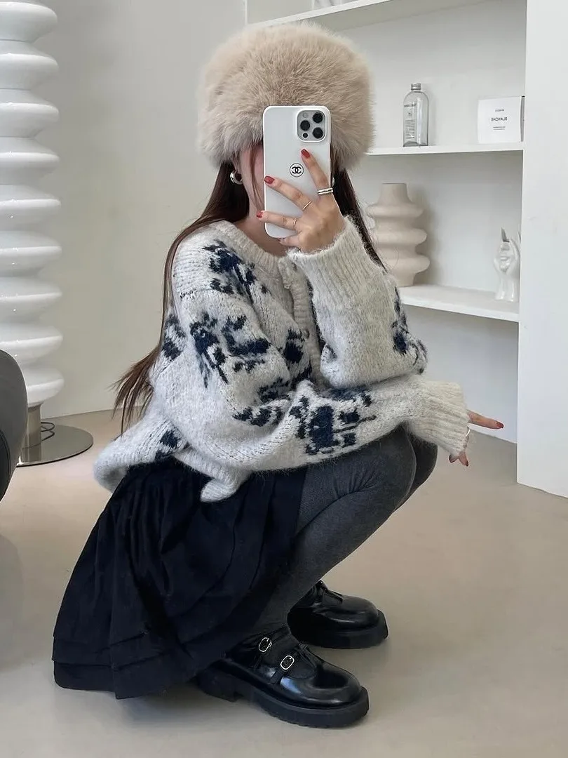 Retro gebreide trui met bloemenmotief, dames, maat S, of enkelknoops gebreide top met ronde hals voor het vroege najaar