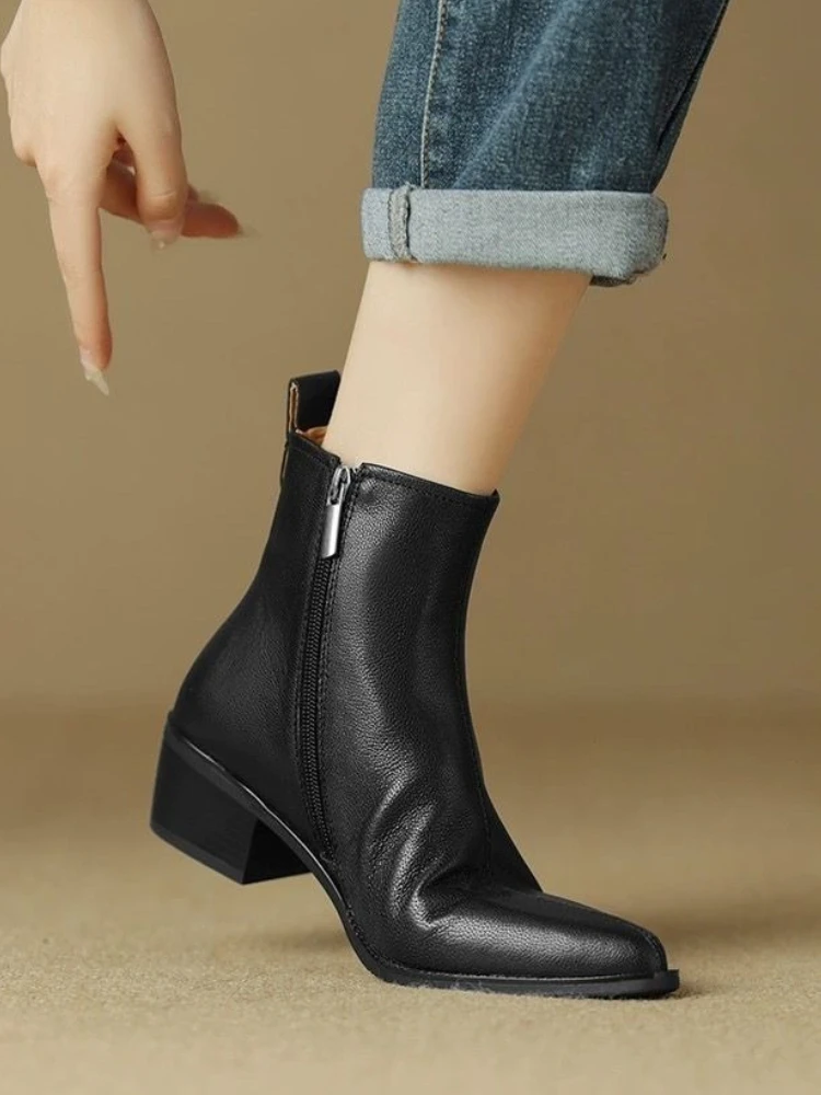 Black Booties Leather Elegant With Medium Heels Woman Short Shoes Hot Comfortable Chic On Offer Trend 2025 Ankle Boots for Women