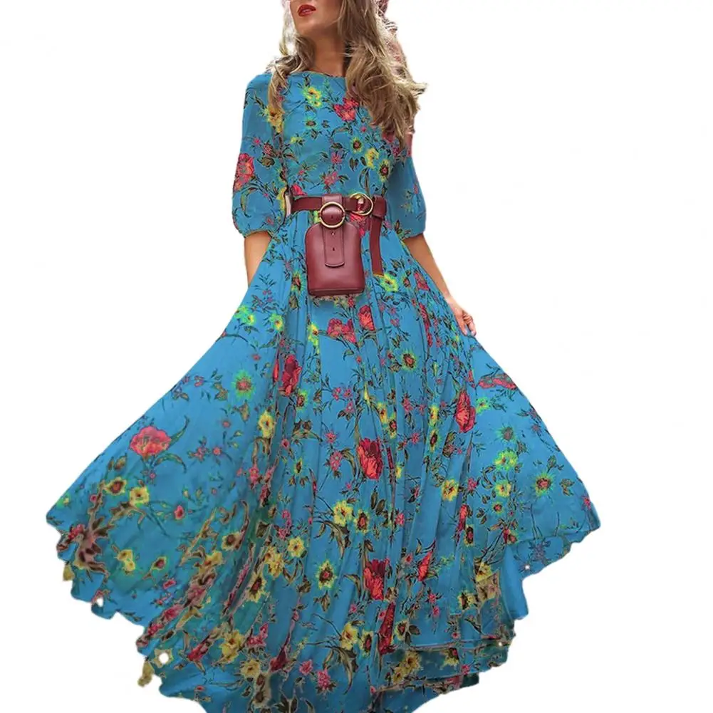 Floral Long Dress Women Printed Chiffon Dress Elegant Floral Maxi Dress for Women A-line Silhouette High Waist Design for Spring