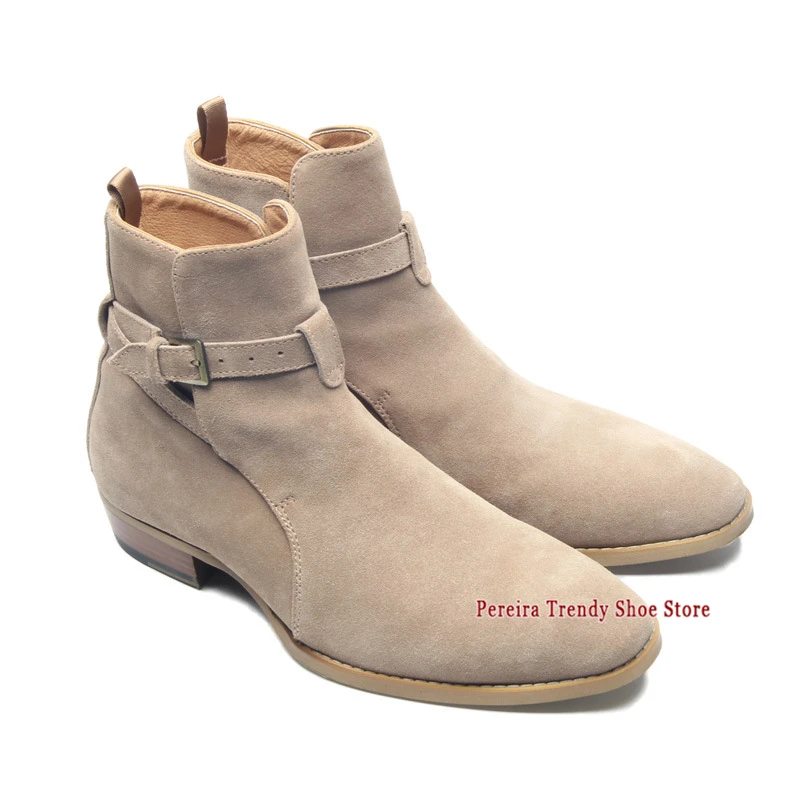 Autumn Winter New Suede Men's Chelsea Boots Belt Buckle Genuine Leather Slip-On Ankle Boots Fashion High Top Shoes Large Size