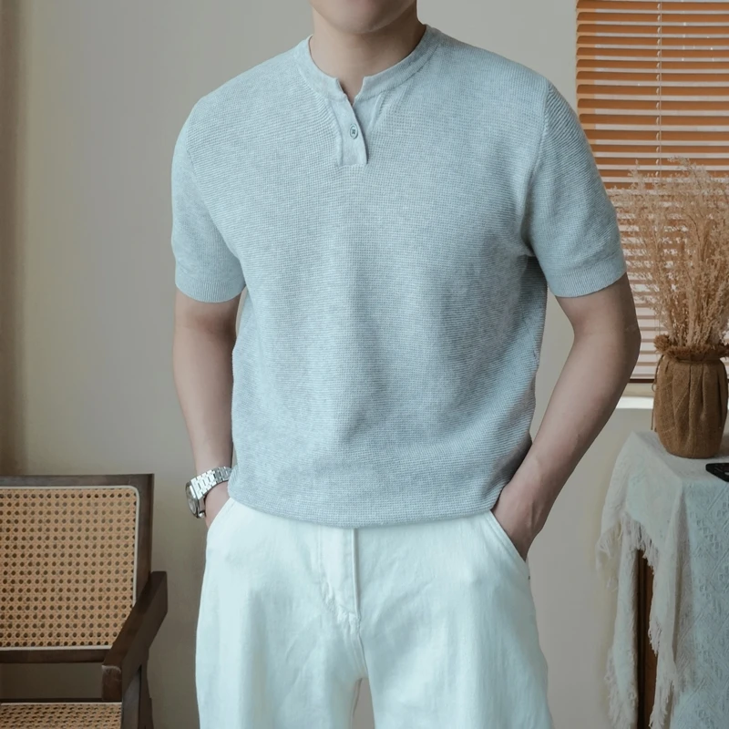 

Pineapple pattern collar retro cotton light flower gray slim fit American short-sleeved T-shirt