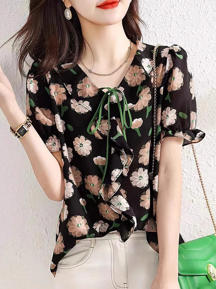 

Retro Knot V-Ne ort Sve Chiffon Top Summer Color Blo Print Design Sense On-S Faion Sun Protection Wom...