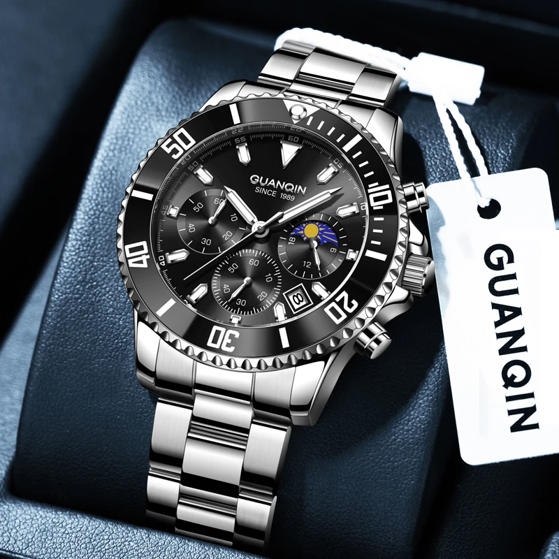 GUANQIN Роскошные кварцевые часы для мужчин, сталь 316L, хронограф с датой, фаза Луны, бизнес-досуг, светящиеся водонепроницаемые наручные часы 30 м