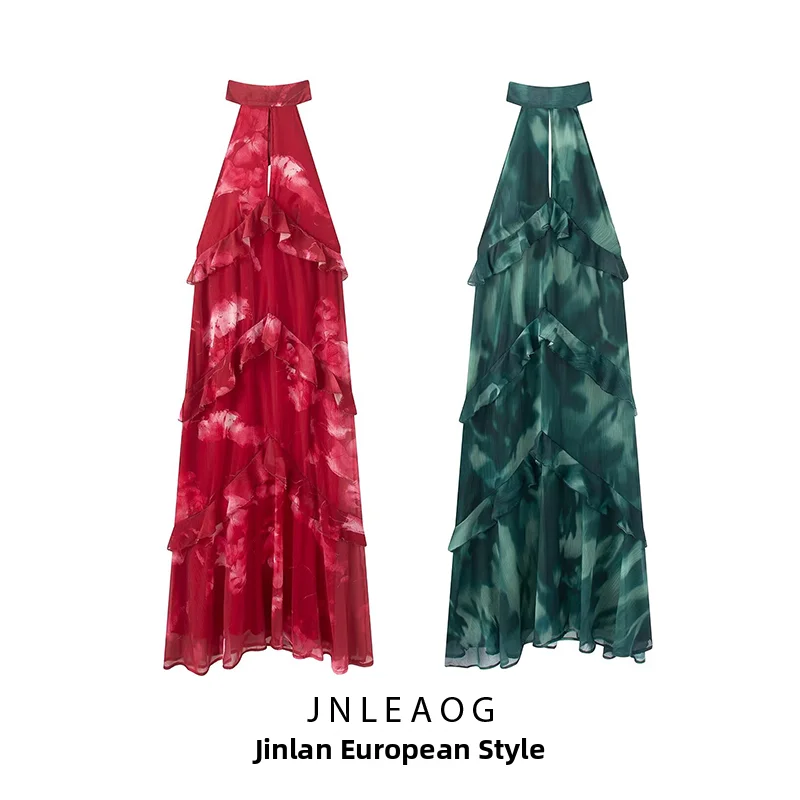 JNLEAOG Summer New Women's Printed Neck Hanging Sleeveless Holiday Party Polyester Fairy Skirt Comfortable City Commute Casual