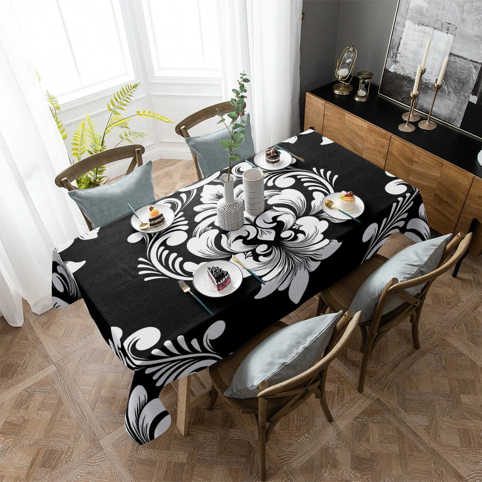 

Classic Luxury Vintage Damask Black White Waterproof Tablecloth Party Decorations Rectangle Table Cloth Kitchen Table Decor