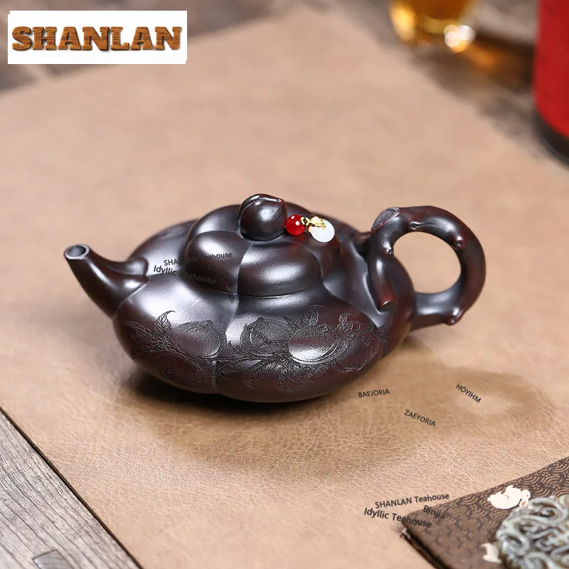 HOYIHM 260ml Authentic Yixing Purple Clay Teapots Handmade Longevity Peach Pot Raw Ore Ancient Red Mud Kettle Zisha Teaset Gifts