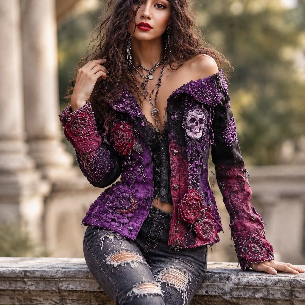 Printed Slim Fit Coat Cropped Length Vintage Style with Off Shoulder Long Sleeve Single Breasted Multiple Buttons Women Jacket