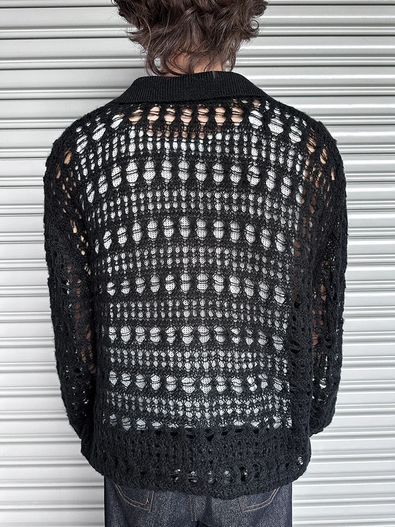 Men's Trendy Hollow Out Cardigan Sweaters Men's 2025 Autumn Winter New Versatile Knitted Tops Handsome Personality Knitwears