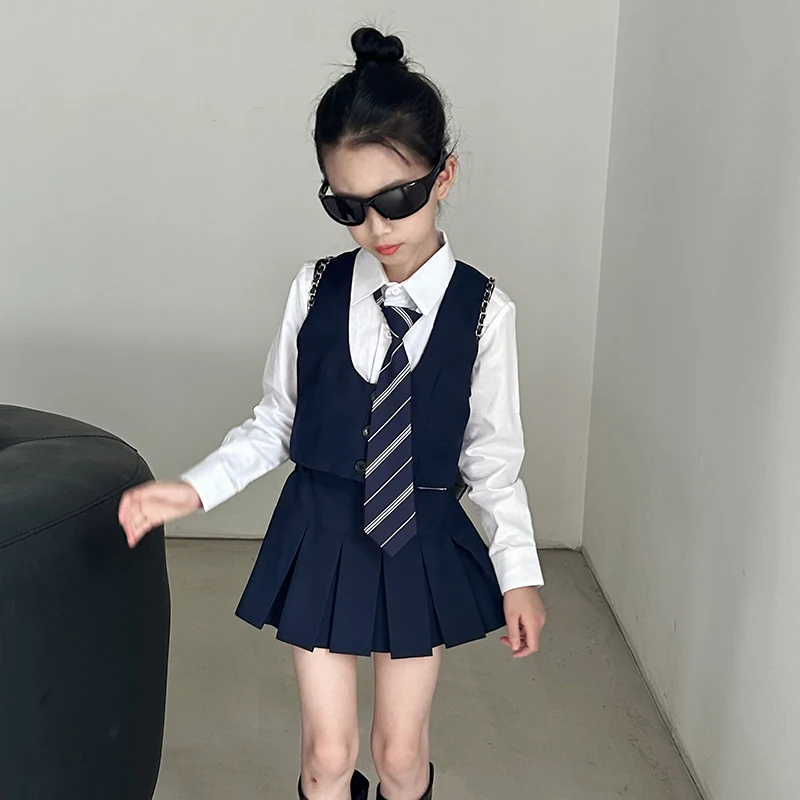 Baby girls academy Style clothes set vest+white shirt+Pleated skirt+tie 4pcs kids JK skirts suit school children outfits 2-13