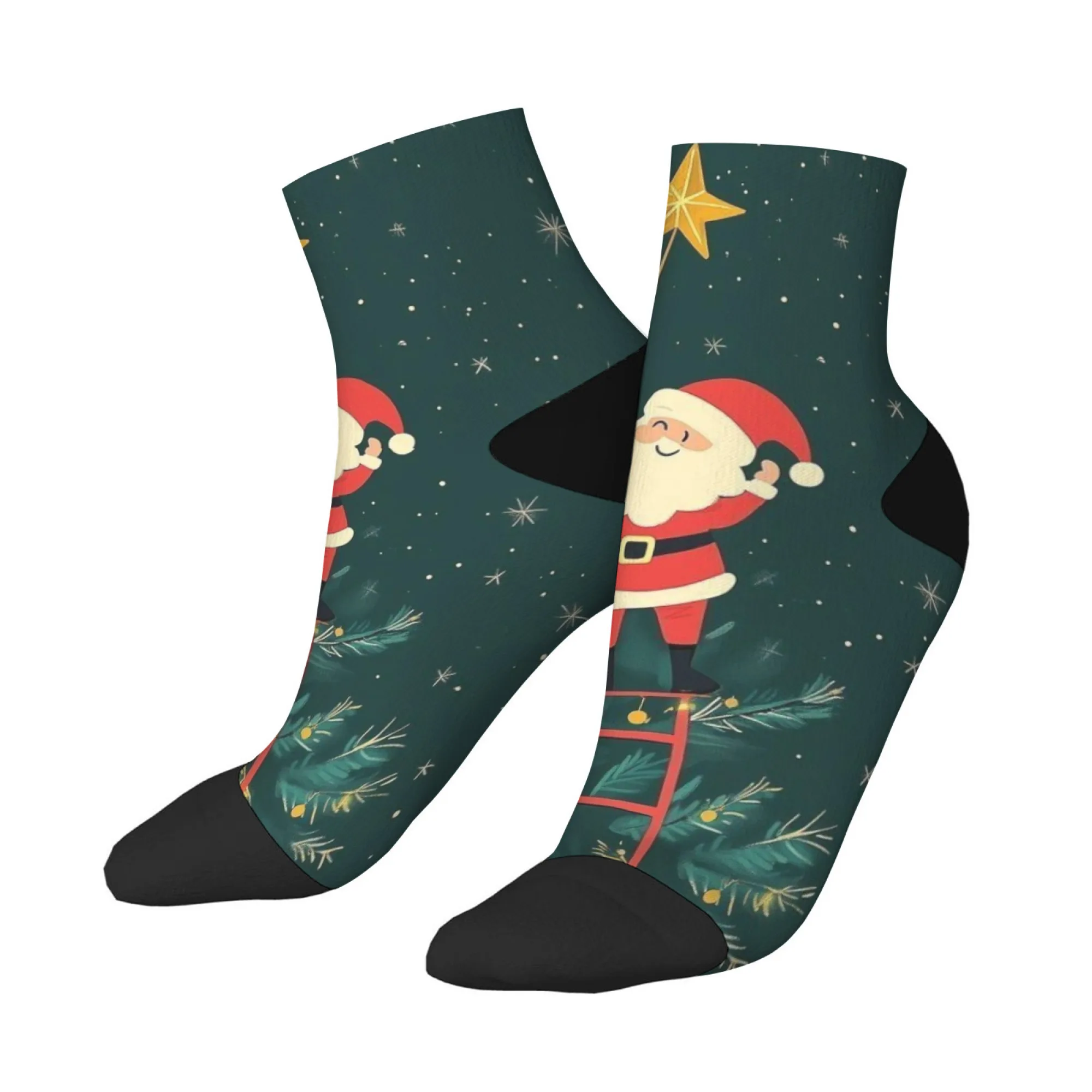 Santa Claus Print Short Socks Polyester Blend Comfortable Casual Socks for Women Men Soft Breathable Lightweight Fashionable