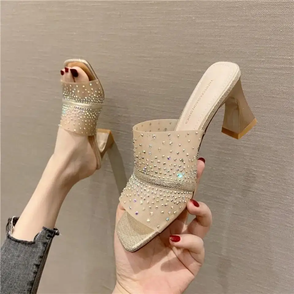 

Slides Rhenstone Shoes Gold Open Toe Women's Slippers and Ladies Sandals Heeled Sexy Elegant Fashionable H Sandal Top Designs 39
