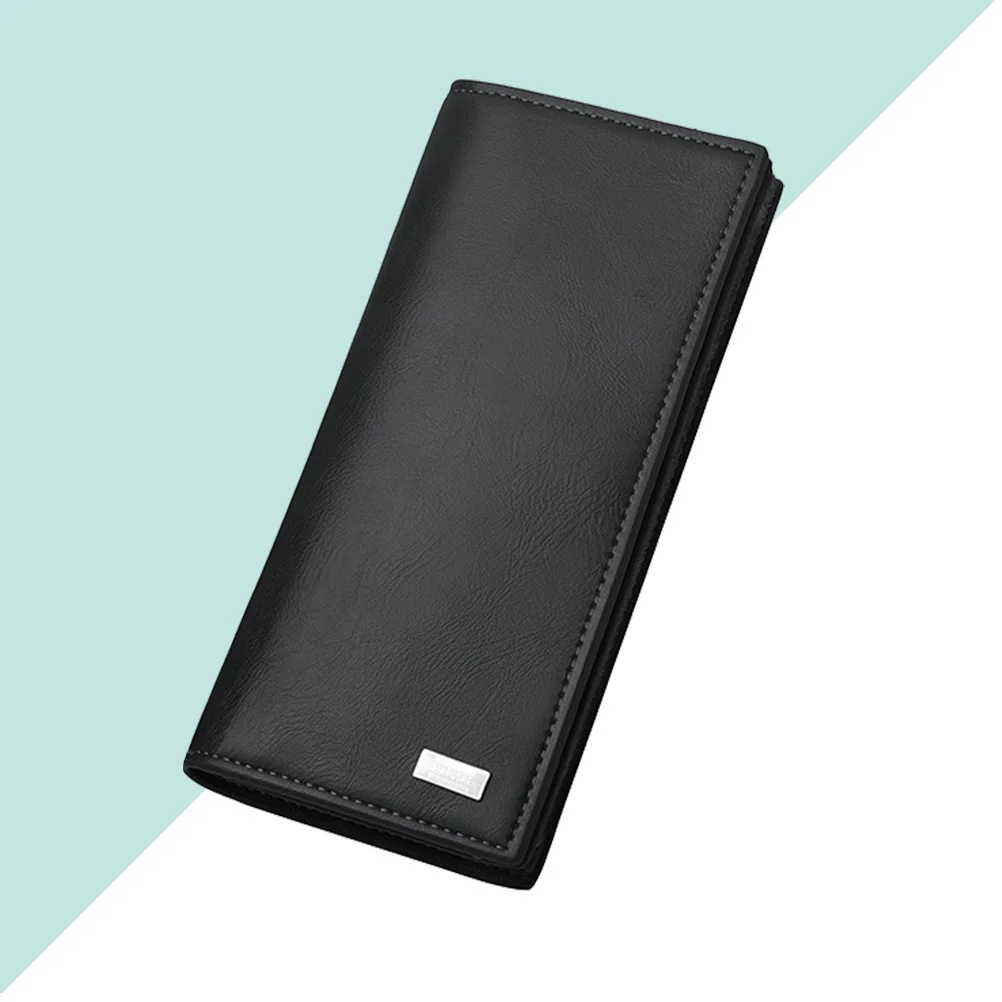 

Men's Black PU Long Wallet Large Capacity Retro Design Multiple Credit Slots Clear Id Window Cash Holder