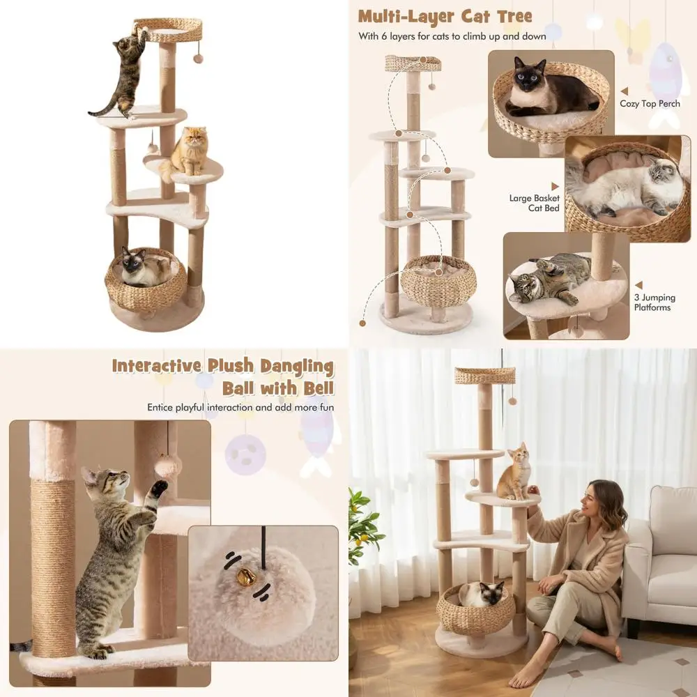 

Стильная высокая кошачья лежанка-башня для дома (65 см) с джутовыми столбиками для царапания, шариками, корзиной-лежанкой и моющимися подушками