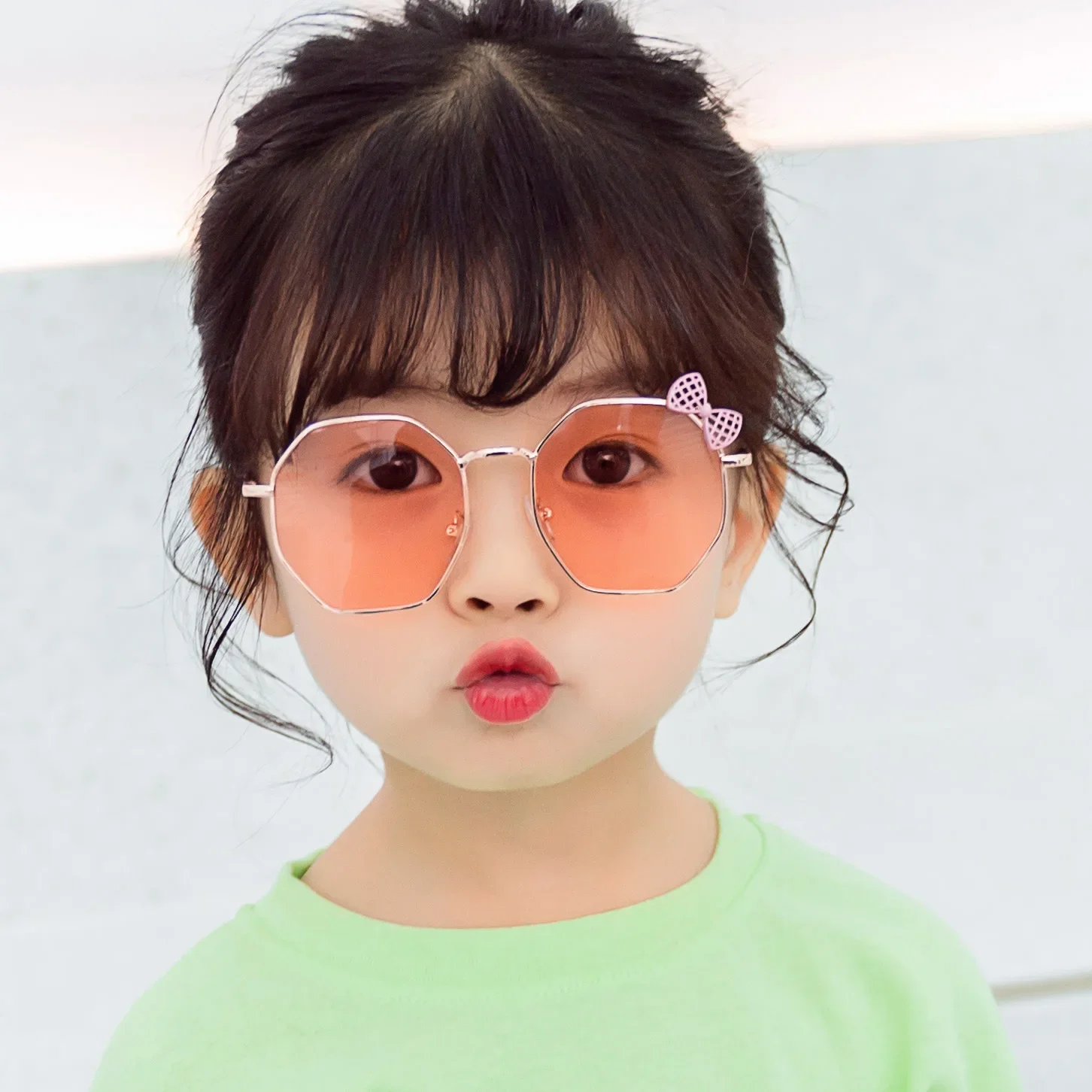 Trendy Fashion Boys and Girls Bow Metal Sunglasses B010 Polygon Trend Children\'s Sun Glasses Kids Outdoor UV400 Eyewear