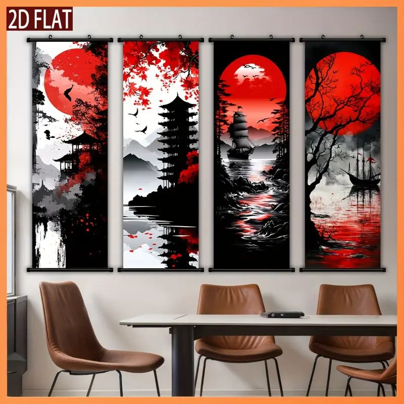 VIKAMA Monochrome Vermilion Ink Wall Tapestry Scarlet Sun Pagoda Sailboat Pine Bird Sumi Scroll Art Home Decor Unique Gift Soft