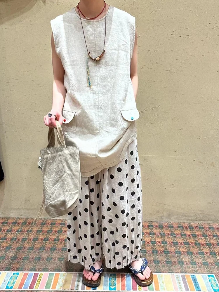 

Summer Vintage plus Size Women's Vest Light Beige Linen Ruffle Mid-Length Fro for Pear aped Women Svel round Ne