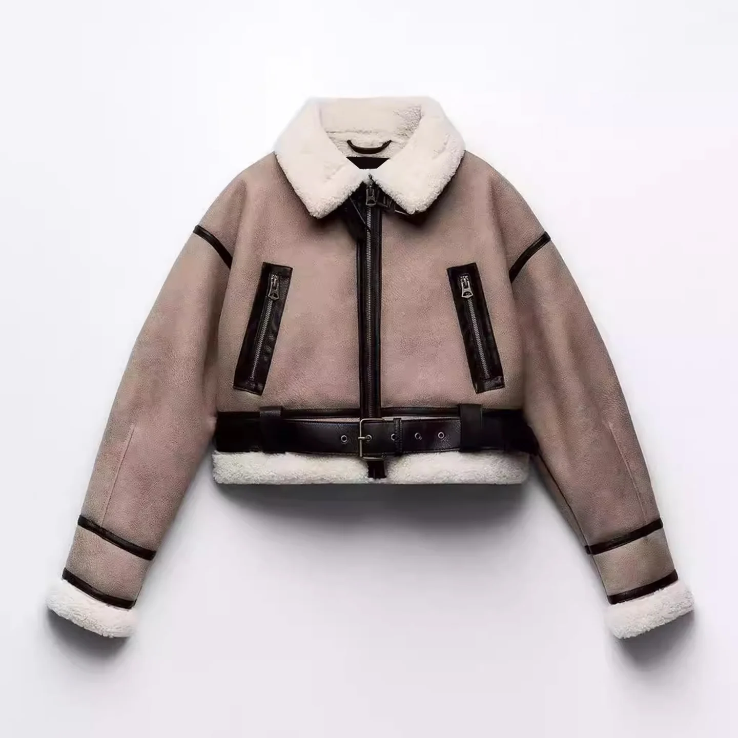 

Double-Sided Lamb Fur ort Jaet Thi Leather And Fur Inteated Zip퍼 Closure Women's Stand-up Collar Winter Coat