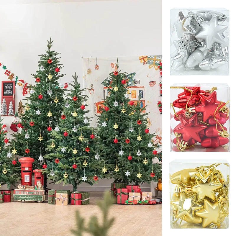 

12pcs Christmas Plastic Hexagonal Star Pendant Gold Silver Red Glitter Christmas Tree Navidad Hanging Ornaments New Year Gifts