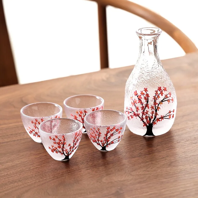 Japanese Style Hand-Painted Glass Sakura Sake Bottle, Home Restaurant Supplies, Hammered Pattern Sake One Wine Pot Four Cups Set