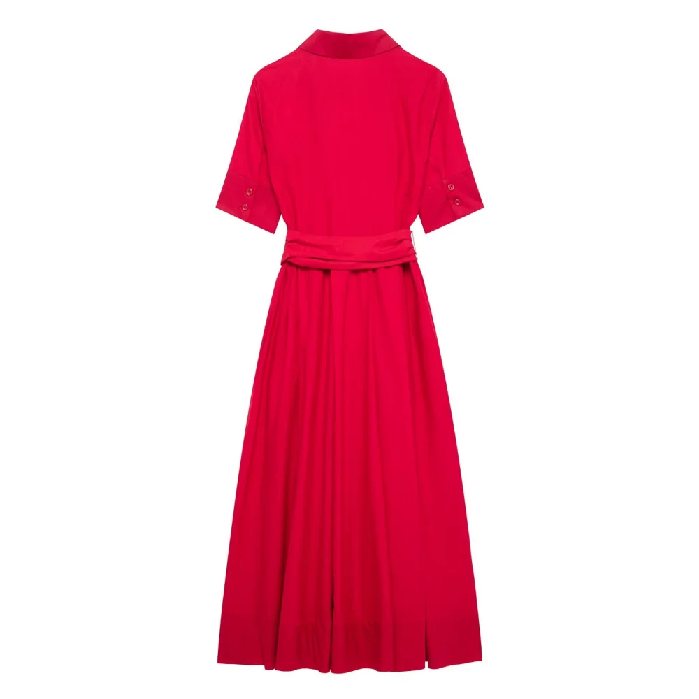 2025 BM&MD&ZA Women's Midi Dress with Pointed Collar Short Sleeves Chest Pockets and a Waist - tying Belt for a Polished Look