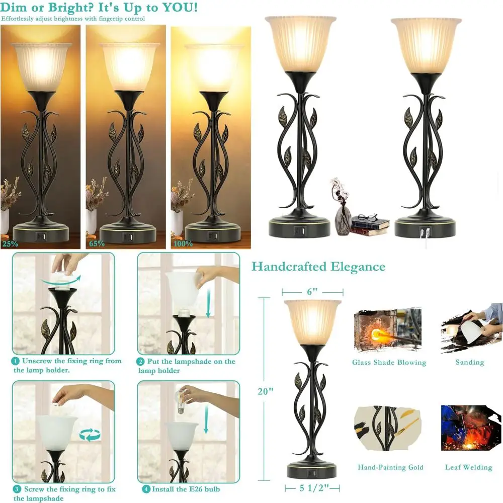 

Pair of Torchiere Bedside Lamps with USB Ports, Touch Control, and Glass Shade for Living Room, LED Included