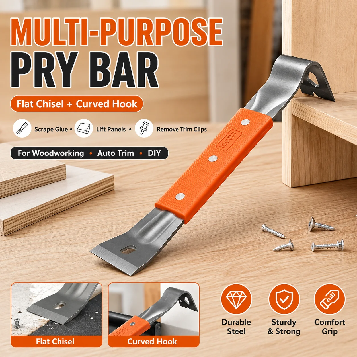 Newly designed and upgraded multi-functional stainless steel pry bar, durable nail puller and woodworking scraper.