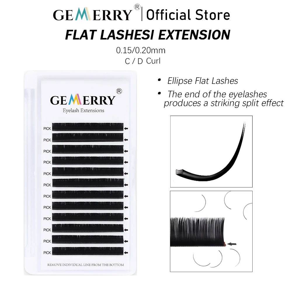 GEMERRY Ellipse Flat Lashes Extension For Professional Eyelashes Split Tip Individual Soft Silk 0.15 Flat Eyelash Makeup Supplie