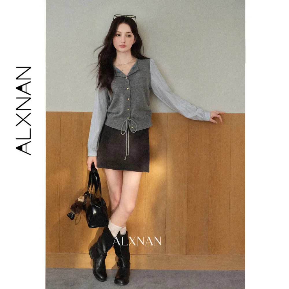 ALXNAN Grey Fake Two-piece Knit Cardigan with Blue Striped Spliced Sleeves Autumn Loose-fit Sweaters 2026 Female Top DYL663123